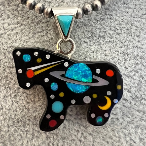 ❤️ Zuni Inlaid Galaxy Native Signed “GI” 925 Horse / Pony Pendant New Mexico - Picture 1 of 13